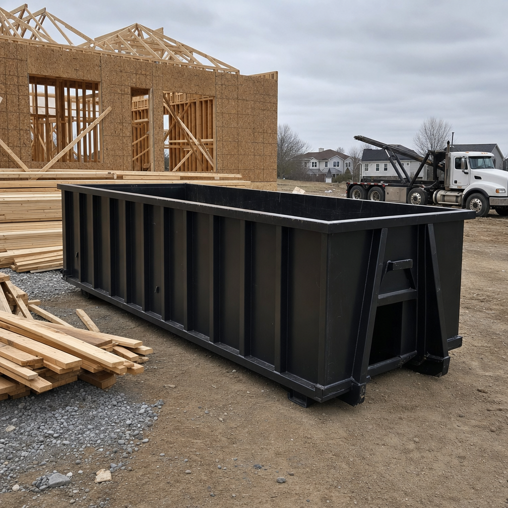 Matte-black 40-yard roll-off dumpster staged on a framed-out residential construction site in Dover, framing lumber stacked nearby, hooklift delivery truck visible in the background under bright Colorado daylight