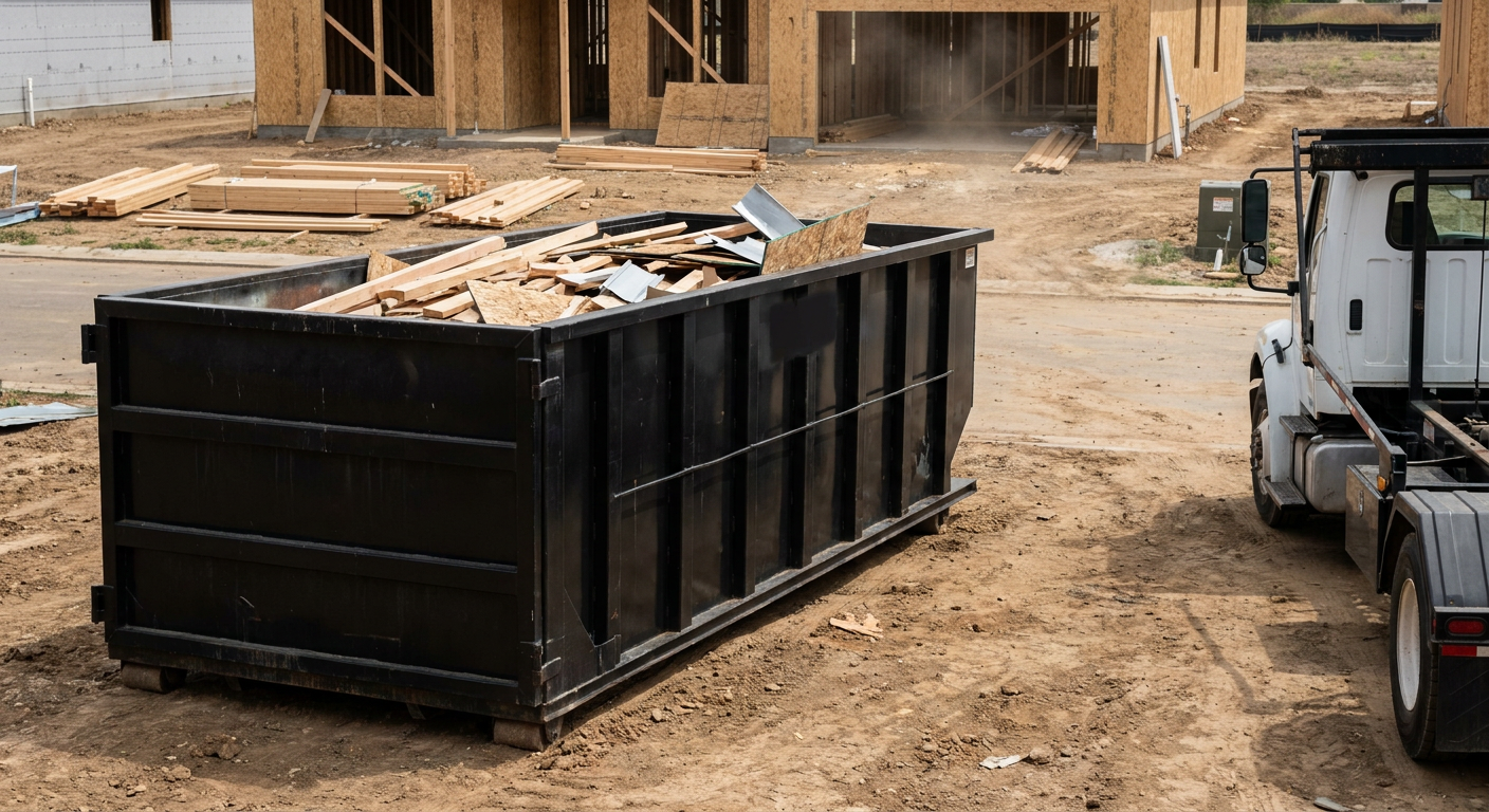 Matte-black 20-yard roll-off construction dumpster with heavy ribbed steel sidewalls and swing rear doors at a working jobsite in Dover, sitting directly on compacted dirt with an unmarked white hauler partially visible at the far edge of the frame.