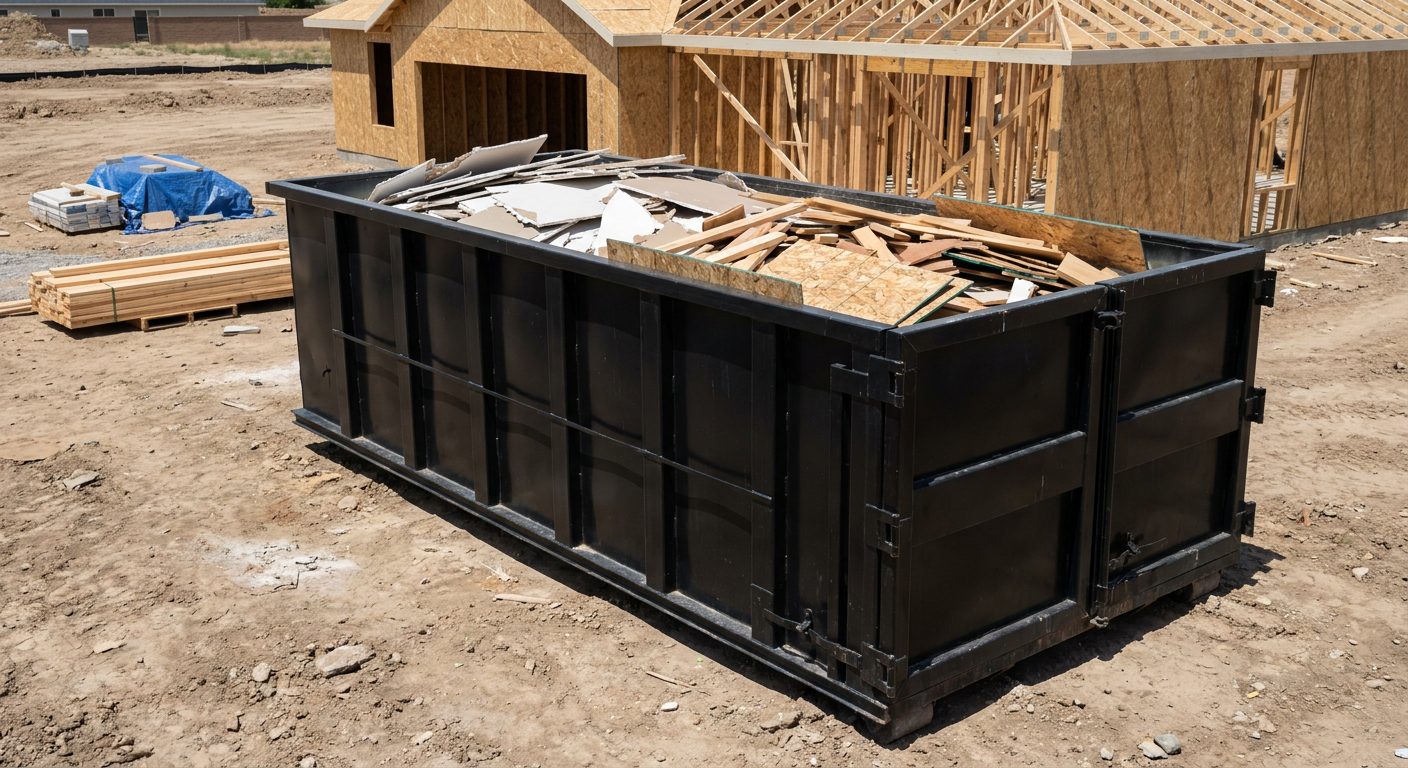 Matte-black 30-yard roll-off construction dumpster sitting directly on the compacted-dirt site of a framed single-family home build in Dover, drywall and lumber scrap loaded inside.