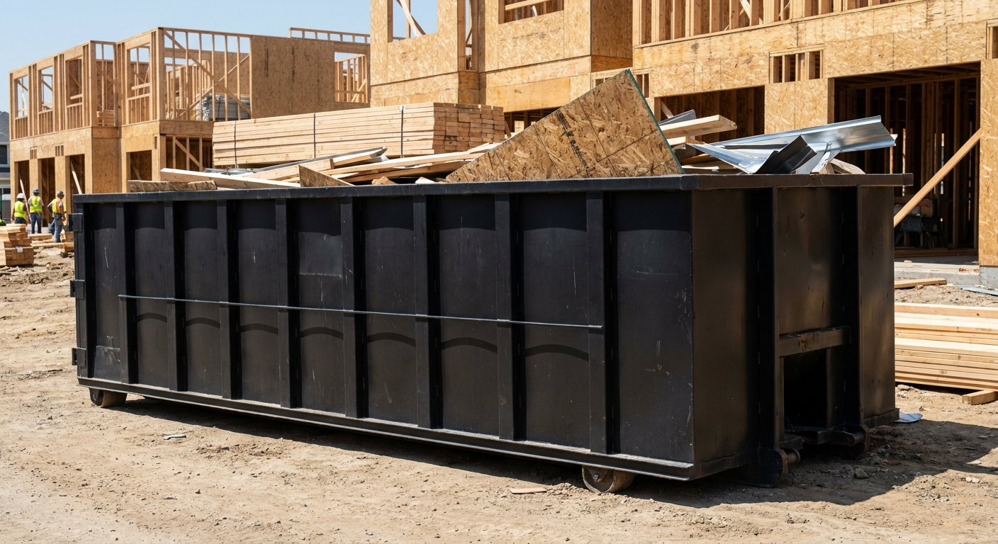 Matte-black 40-yard roll-off construction dumpster being lowered from a white-cab hooklift delivery truck onto the compacted-dirt jobsite at a commercial build site in Dover