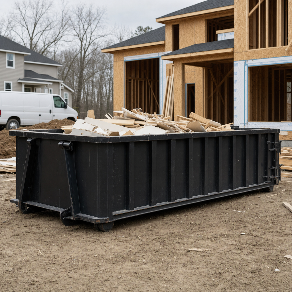 Worker in a yellow high-visibility vest tossing framing lumber and broken drywall into a matte-black 30-yard construction roll-off dumpster on an active build site in Dover, bright daylight