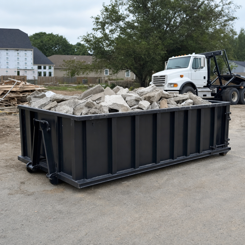 Low-profile matte-black lowboy roll-off dumpster loaded with broken concrete slab and rebar at a foundation tear-out in Dover, skid steer parked beside it, sunny Colorado morning