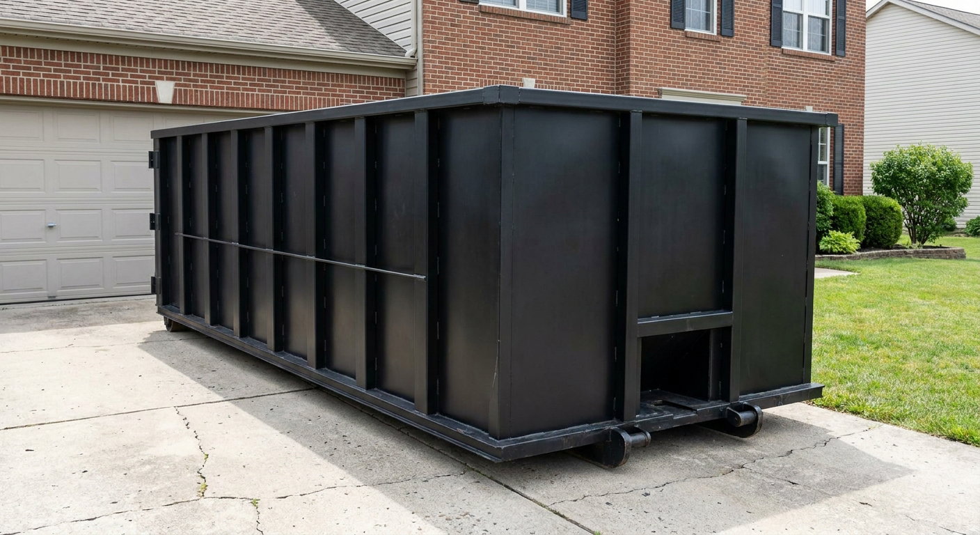 Matte-black 20-yard roll-off container on a Dover residential concrete driveway with reinforced ribbed steel sidewalls and a hinged rear walk-in door, clean bright daylight.