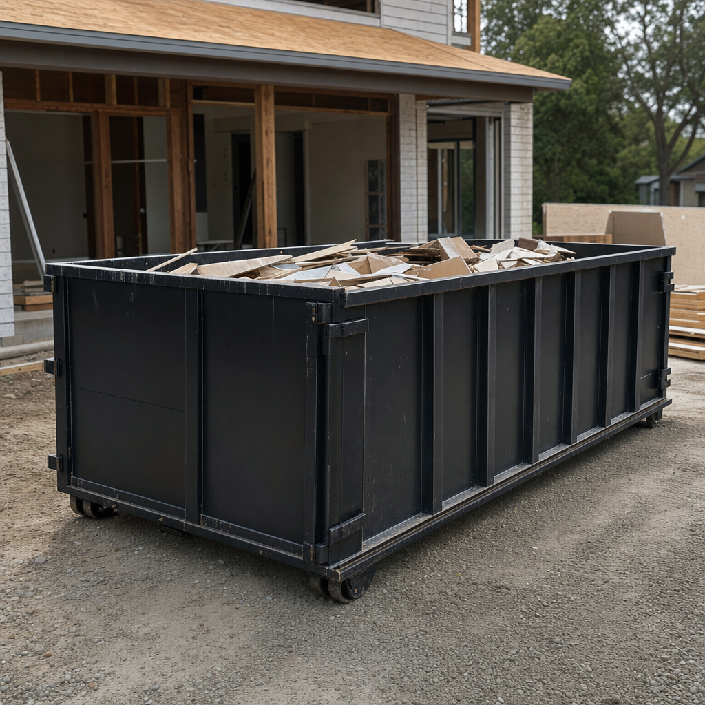 Large matte-black 30-yard construction roll-off dumpster at an active Dover jobsite, steel-gray top rails and bottom rollers visible, loaded with construction debris.