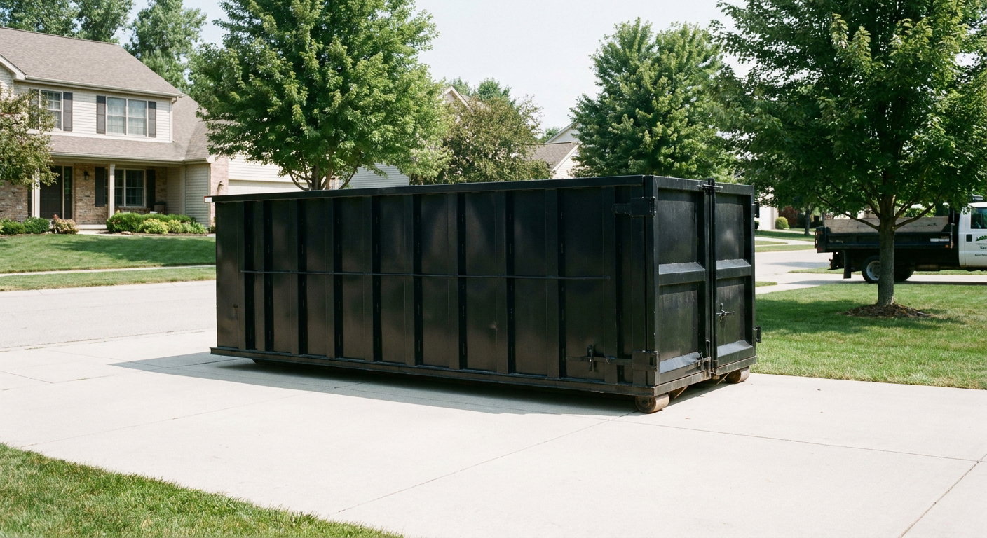 Matte-black 20-yard roll-off dumpster sitting level on a clean Dover residential concrete driveway under bright daylight, demonstrating clean placement directly on the concrete.