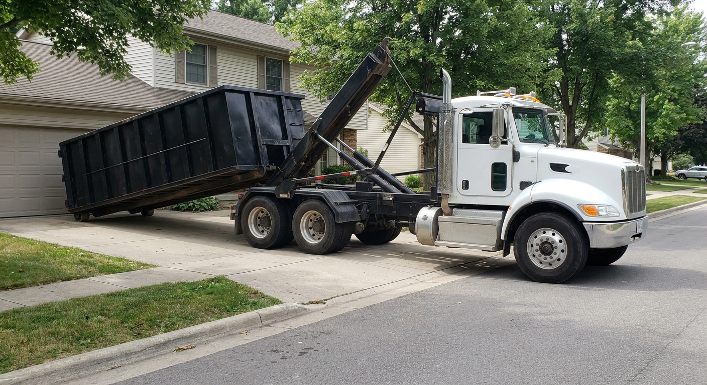 White-cab hooklift roll-off truck actively lowering a matte-black dumpster onto a Dover residential concrete driveway, the dumpster's rear wheels touching the driveway as the hoist arm tilts the bed forward, mid-morning daylight.