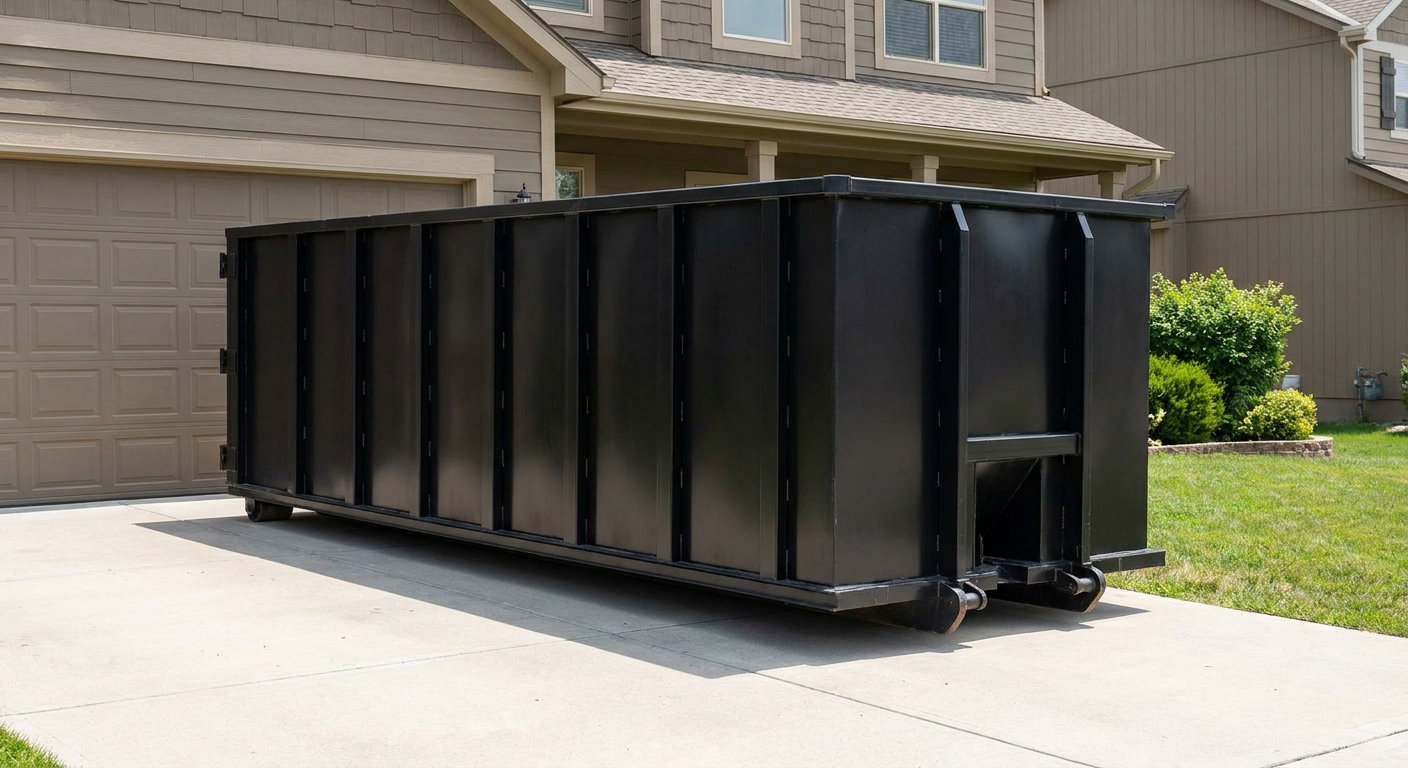 Matte-black residential roll-off dumpster sitting directly on a suburban Dover concrete driveway, garage door closed, single-family home in background, bright morning daylight.