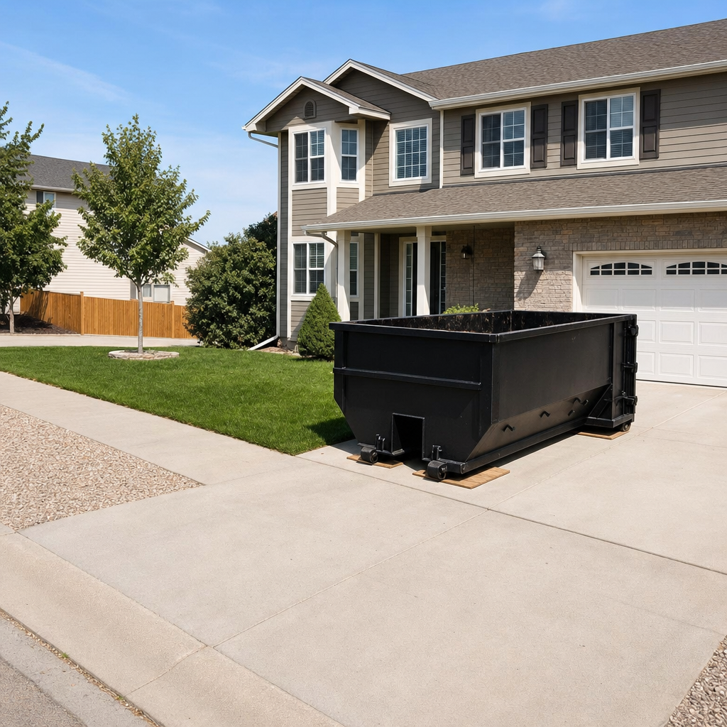 10-yard matte-black residential dumpster placed directly on a narrow Dover concrete driveway, room remains for a parked sedan beside it, mid-morning natural light