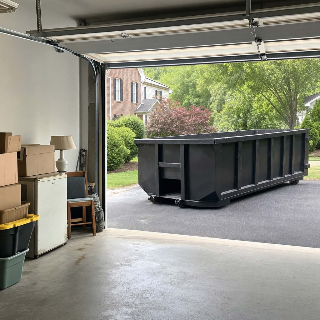 Open garage interior in a Dover home mid-cleanout — boxed items, an old appliance, and stacked yard tools queued near the driveway for a matte-black roll-off dumpster, organized and calm