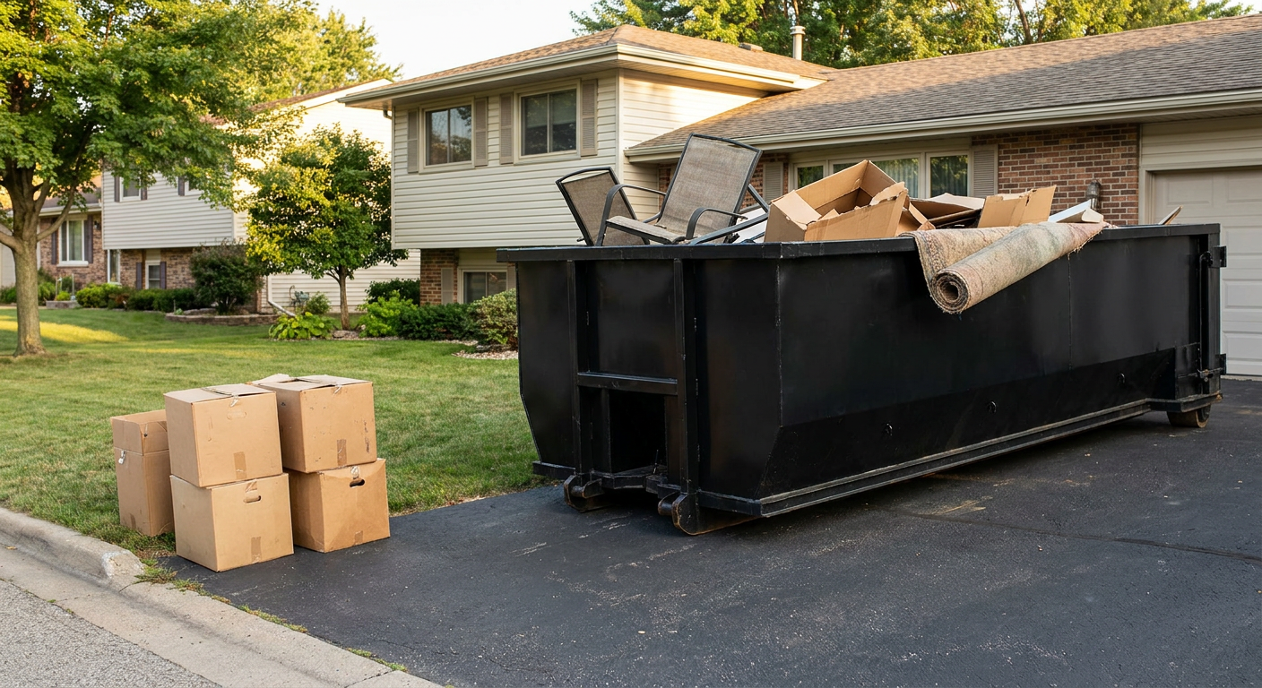 Front-yard view of a Dover split-level home with a 20-yard matte-black roll-off dumpster sitting directly on the asphalt driveway, a few clearly labeled donation boxes staged at the curb, calm sunny afternoon.