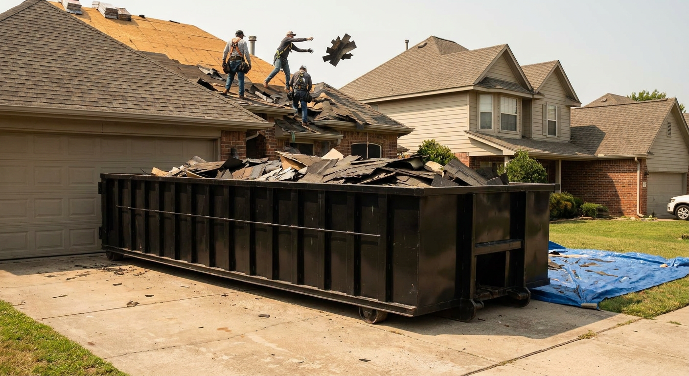 Matte-black roofing roll-off dumpster placed directly on a Dover residential concrete driveway, a tear-off crew on a two-story asphalt-shingle roof tossing shingle bundles into the low-walled container, bright daylight, documentary 35mm perspective.