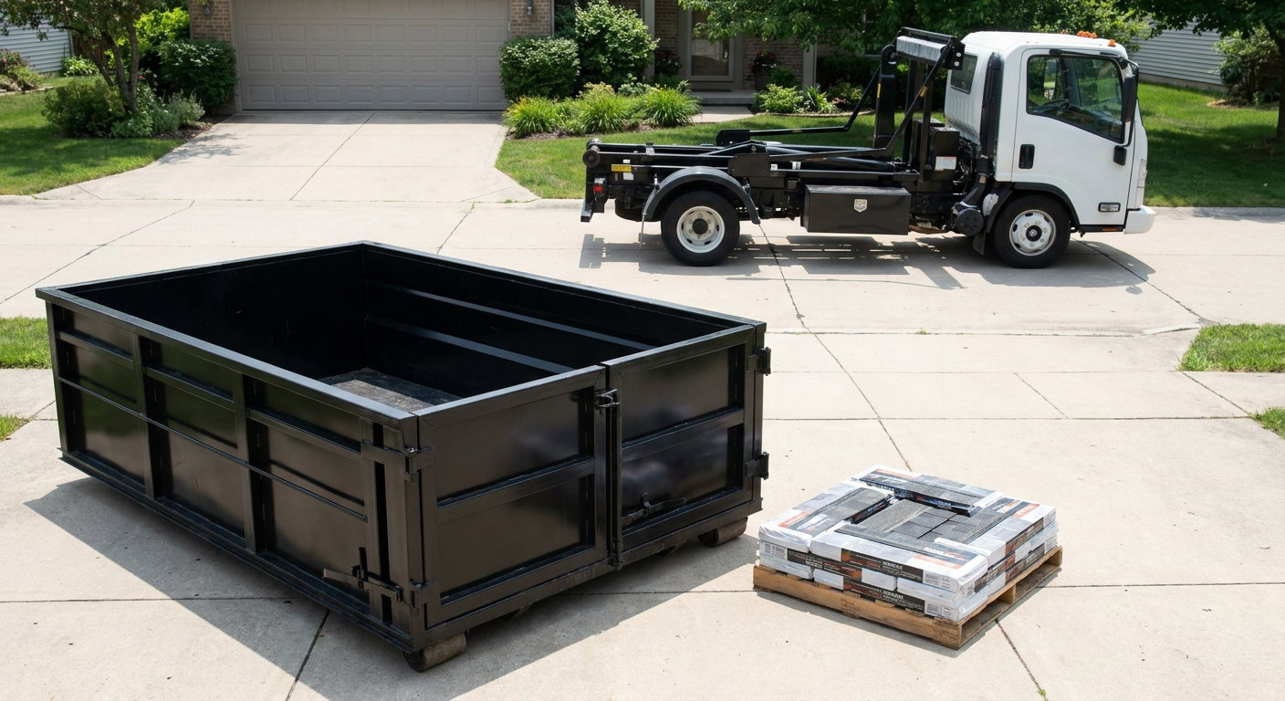 Matte-black 15-yard roofing roll-off dumpster with reinforced low side walls sitting directly on a Dover residential concrete driveway, three-tab asphalt shingle bundles stacked nearby, an unmarked white hauler truck partially visible at the edge of the frame.