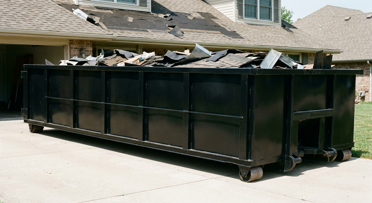 Matte-black 20-yard roofing roll-off dumpster with steel ribbed sides and swinging rear door, sitting directly on the concrete driveway of a two-story Dover home, asphalt shingle debris being loaded over the low wall, clean documentary lighting.