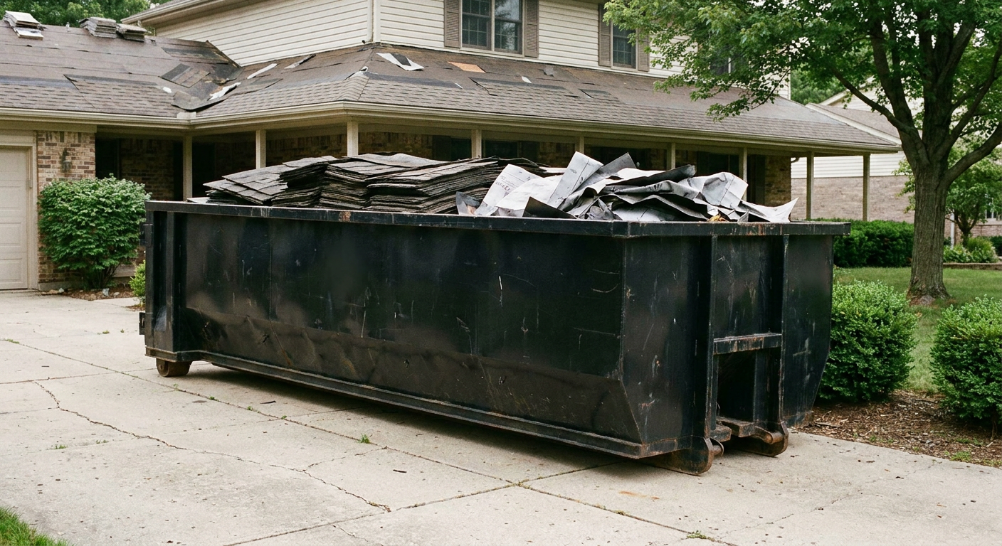 Matte-black 30-yard roofing roll-off dumpster sitting directly on a Dover concrete driveway, taller ribbed steel side panels, mixed tear-off debris of asphalt shingles and underlayment inside, professional documentary daylight.