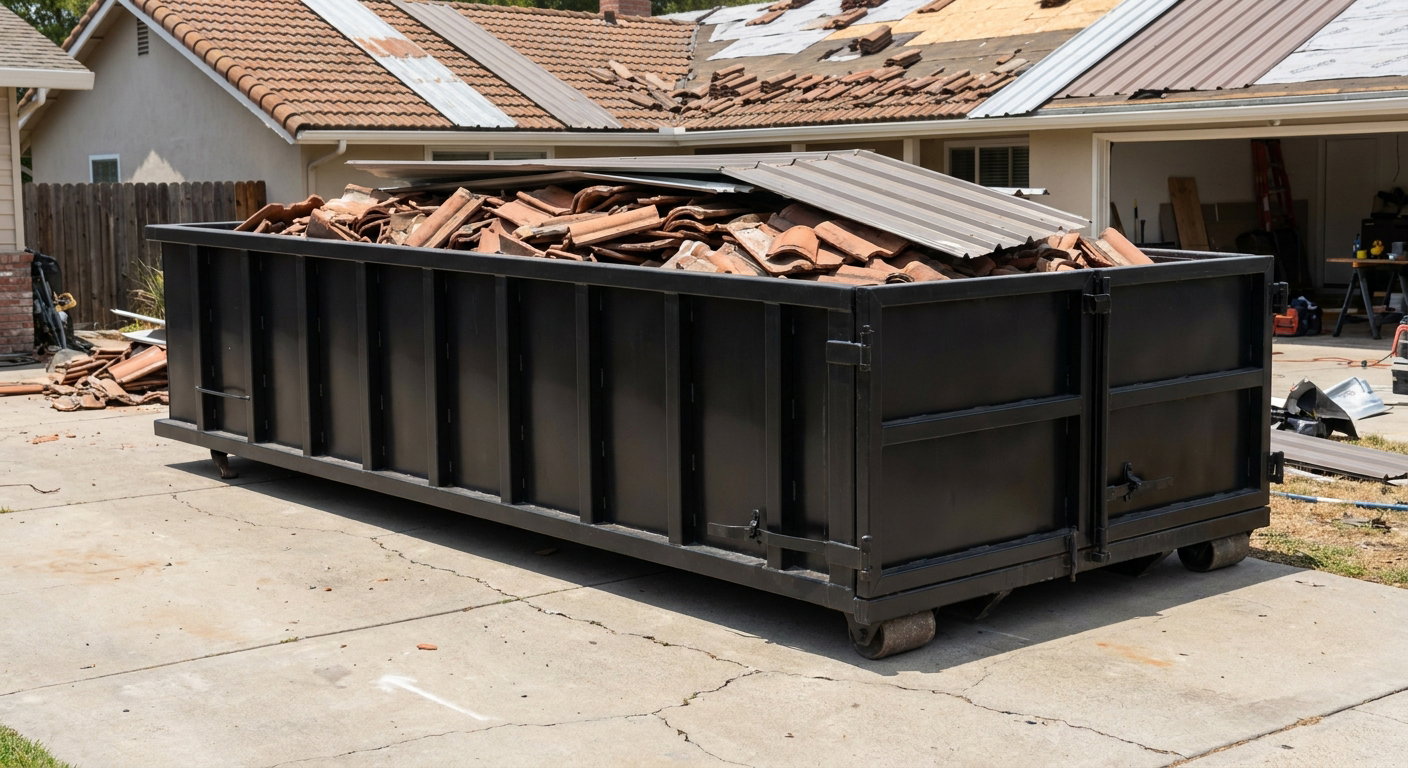 Matte-black low-wall heavy-debris roofing roll-off dumpster sitting directly on a Dover concrete driveway, broken concrete clay roof tiles and metal panel sections loaded inside, reinforced ribbed steel side walls visible, bright outdoor daylight.