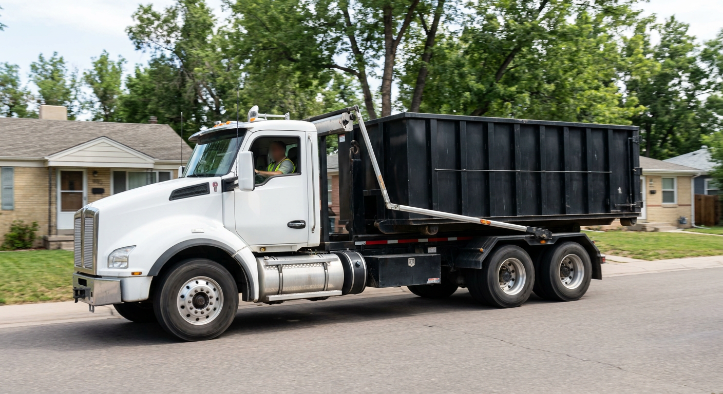 A wide documentary shot of a matte-black roll-off delivery truck pulling onto a quiet Dover residential street at mid-morning, with neighborhood rooftops and tree-lined blocks visible behind, showing the metro coverage footprint.