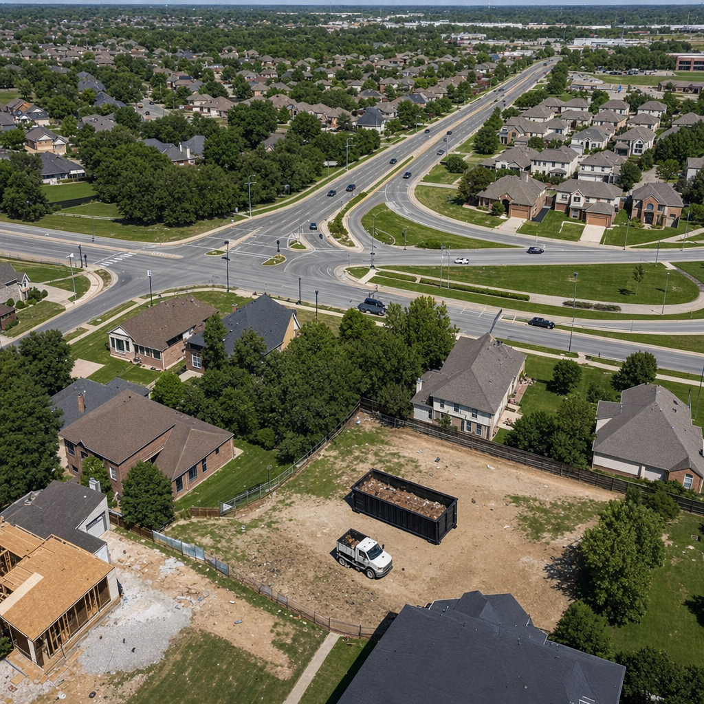 An overhead documentary view of the Dover metro area at midday, showing the spread of neighborhoods, arterial roads, and the dispatch radius from a central yard — clean daylight, organized geographic layout.
