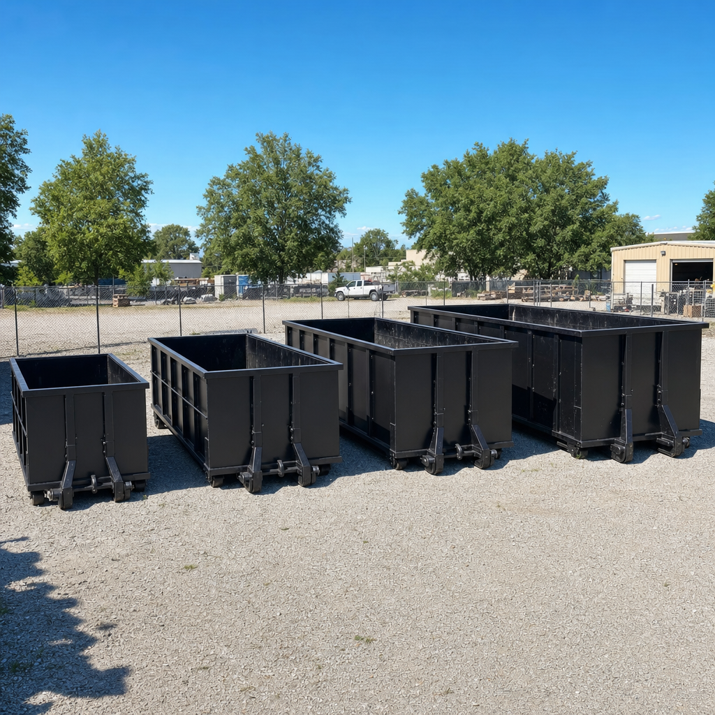 A clean lineup of matte-black roll-off dumpsters in 10, 20, 30, and 40-yard sizes staged on a sunlit gravel yard in Dover, showing the size progression from compact to commercial-scale containers.