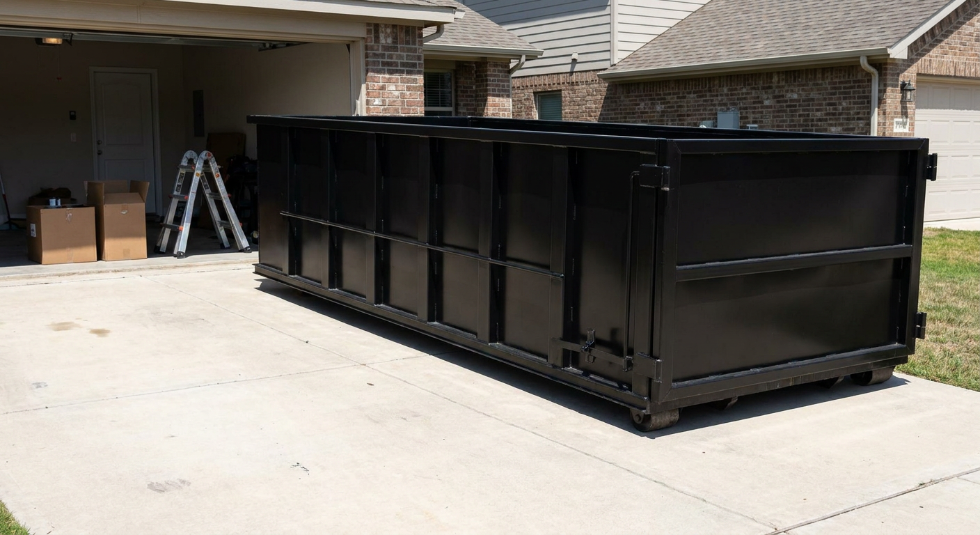 A matte-black 10-yard roll-off dumpster sitting directly on a residential Dover concrete driveway, mid-day sunlight, clean and ready for a garage cleanout.