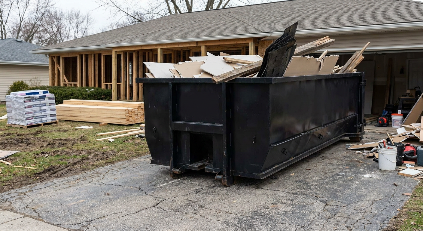A matte-black 20-yard roll-off dumpster placed alongside a mid-renovation Dover home directly on the asphalt driveway, with framing materials and torn-off shingles staged neatly nearby.