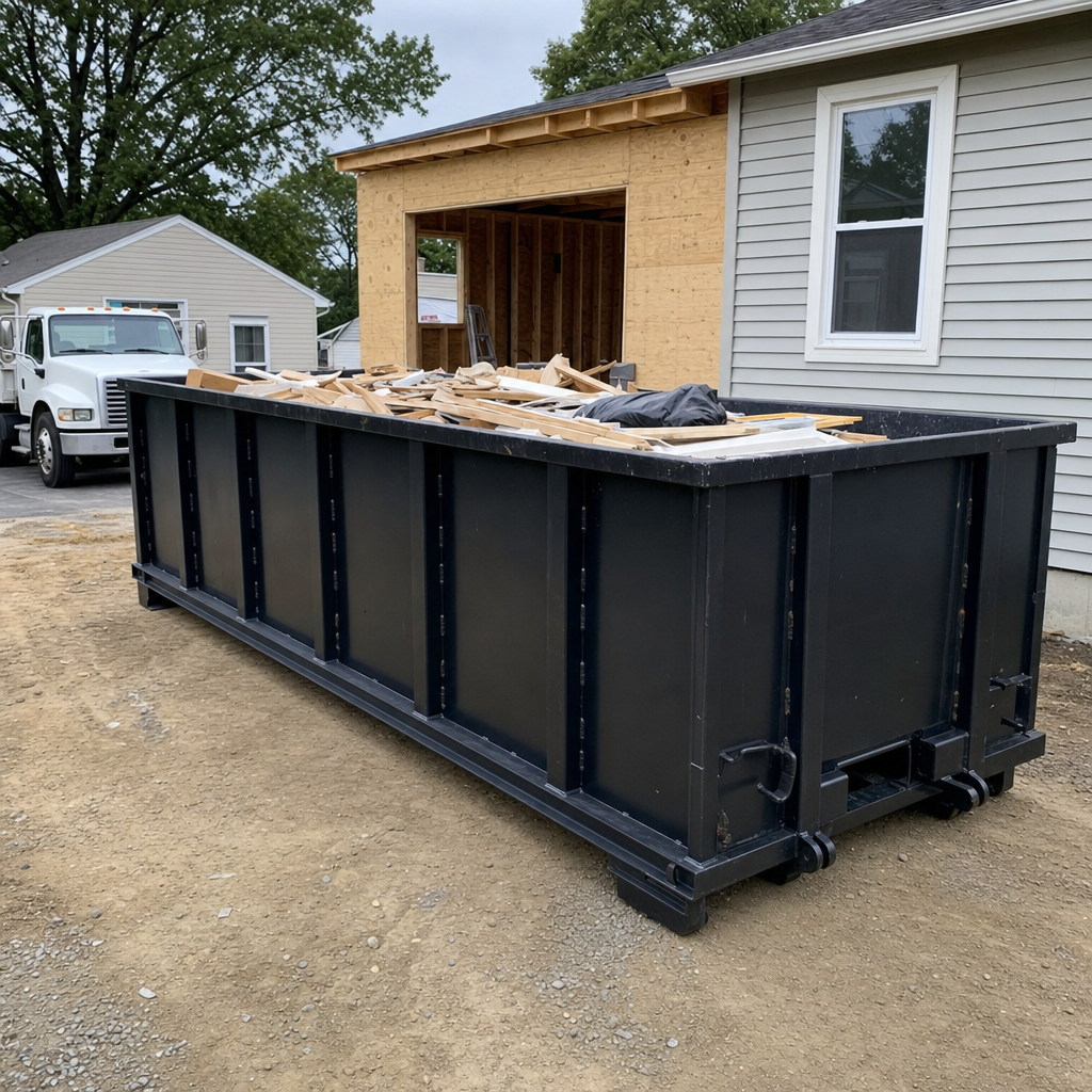 A matte-black 30-yard roll-off dumpster positioned at a Dover residential addition jobsite, with framing lumber and drywall scraps loaded through the open swinging rear doors.