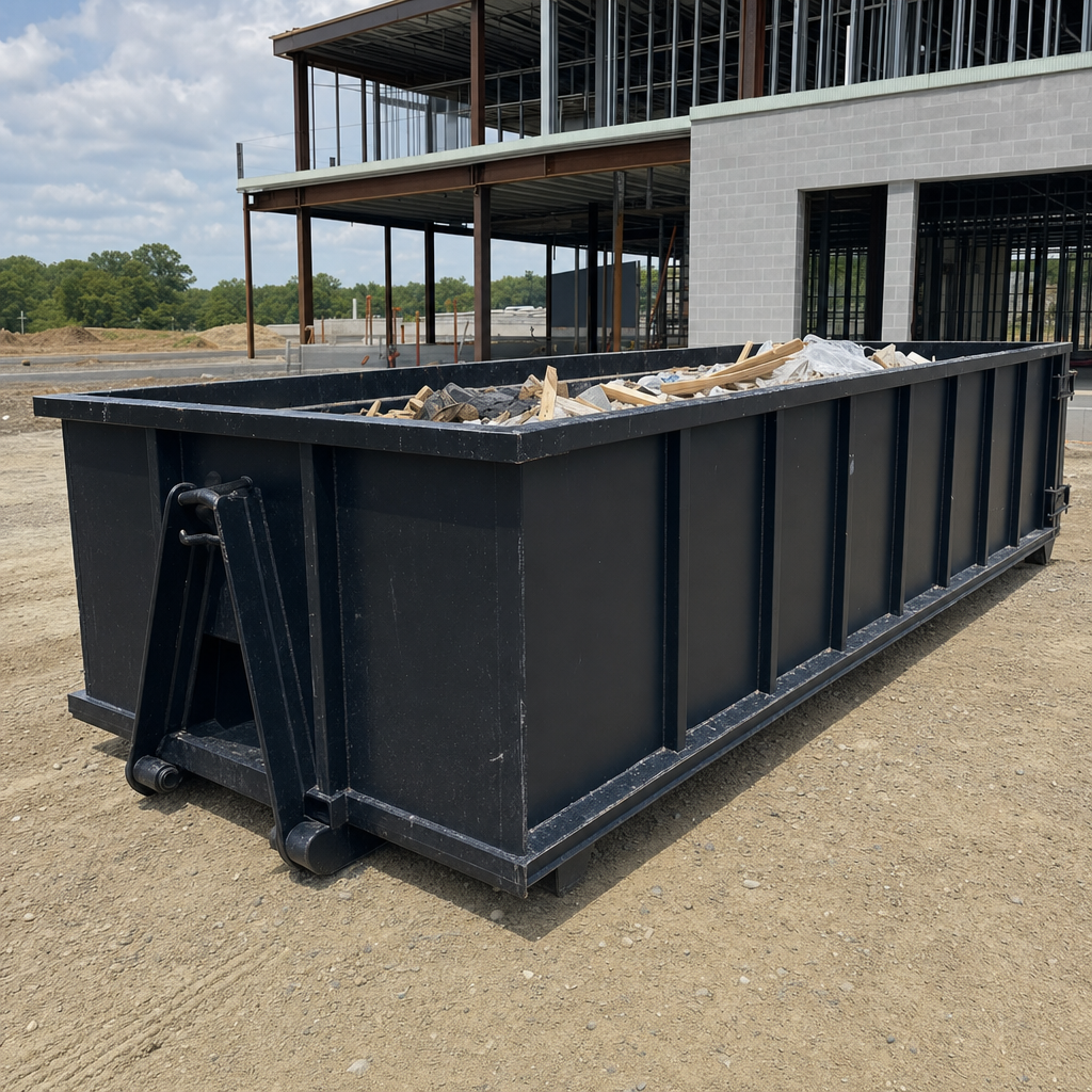 A matte-black 40-yard roll-off dumpster staged on a large Dover commercial construction lot, with a hooklift delivery truck parked alongside under bright midday sky.