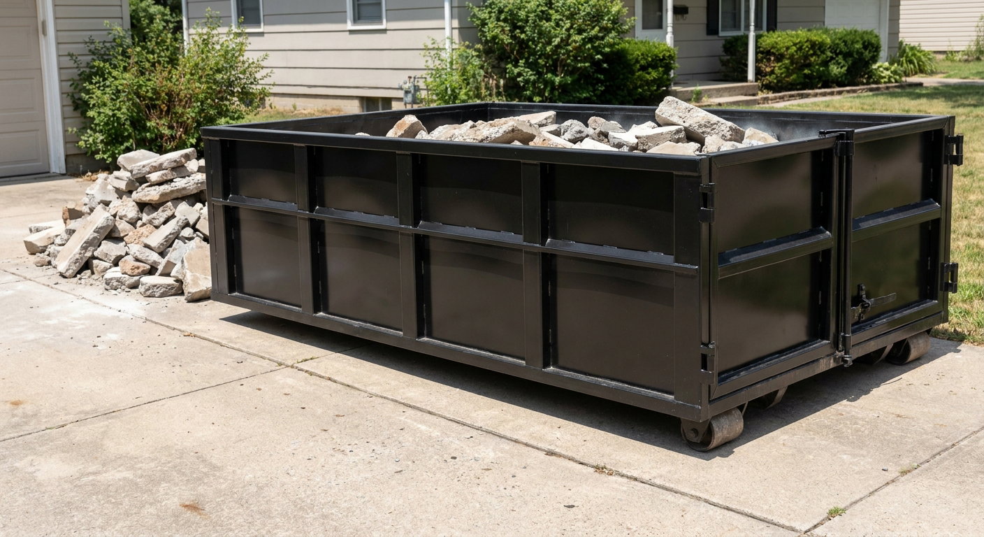 A matte-black low-side heavy-debris roll-off dumpster placed directly on a Dover concrete driveway, with broken concrete chunks neatly stacked beside it under clean daylight.